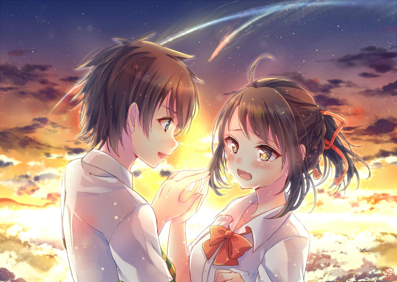 1boy 1girl ahoge bangs black_hair blue_eyes blush brown_eyes brown_hair clouds cloudy_sky collared_shirt comet crying crying_with_eyes_open eye_contact eyebrows_visible_through_hair fingers_together from_side hands_together happy_tears kimi_no_na_wa looking_at_another mitsuhachi8 miyamizu_mitsuha open_mouth outdoors ponytail red_string shirt sidelocks sky smile string sunset swept_bangs tachibana_taki tears white_shirt