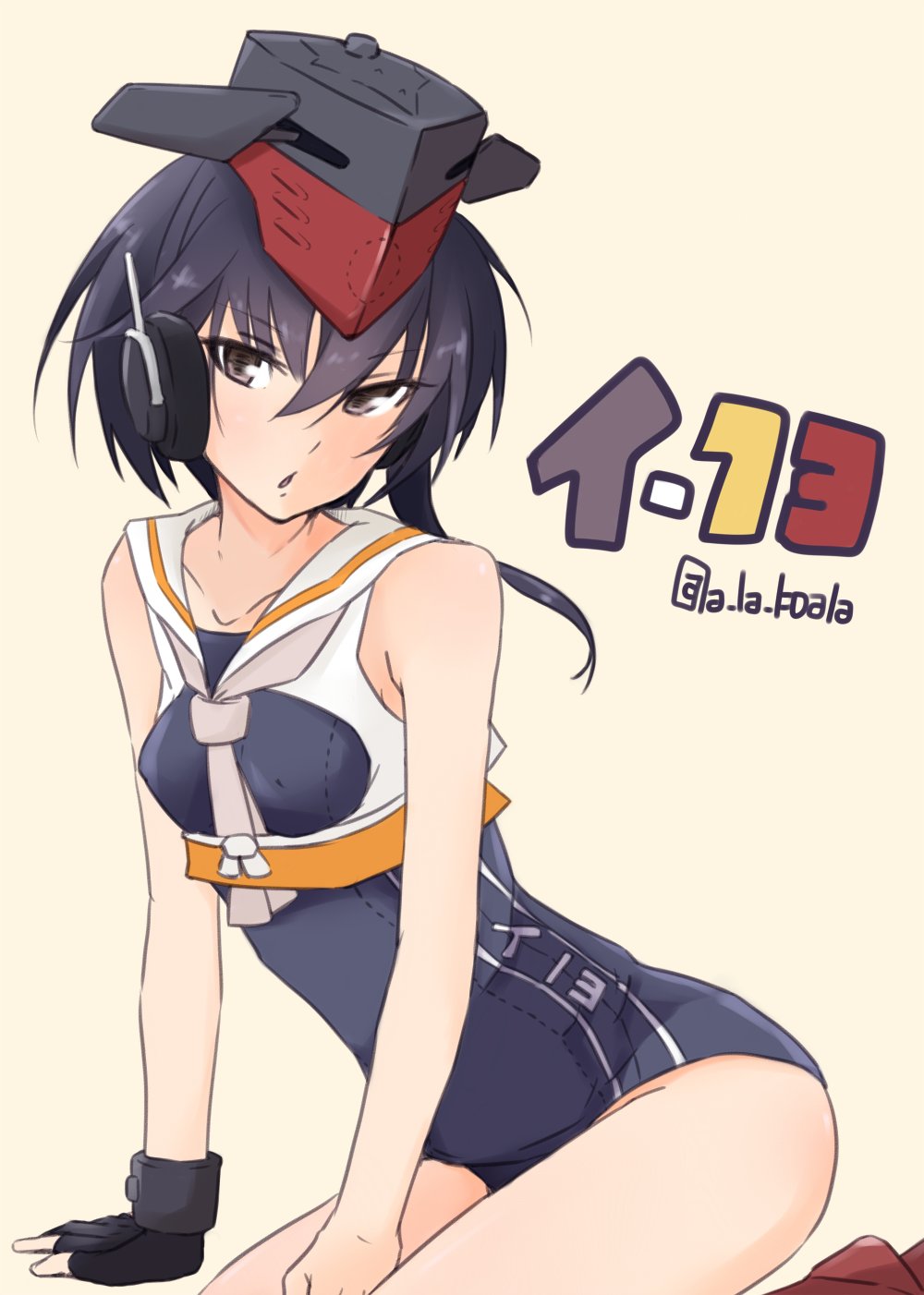 1girl alakoala_shoushou asymmetrical_hair black_hair brown_eyes character_name chestnut_mouth framed_breasts gloves hair_between_eyes hat headphones highres i-13_(kantai_collection) kantai_collection open_mouth partly_fingerless_gloves sailor_collar school_swimsuit seiza short_hair single_glove sitting swimsuit twitter_username