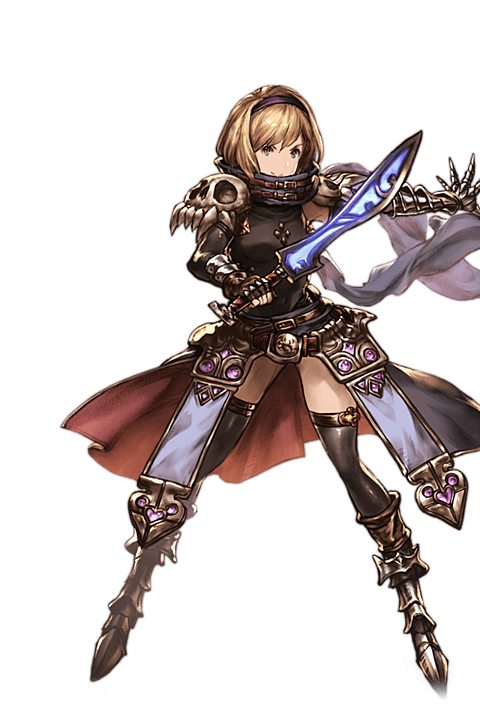 1girl alpha_transparency blonde_hair bob_cut brown_eyes djeeta_(granblue_fantasy) elbow_gloves enhancer_(granblue_fantasy) gloves granblue_fantasy hairband looking_at_viewer minaba_hideo official_art scarf short_hair skull sleeveless smile solo sword transparent_background weapon wide_stance