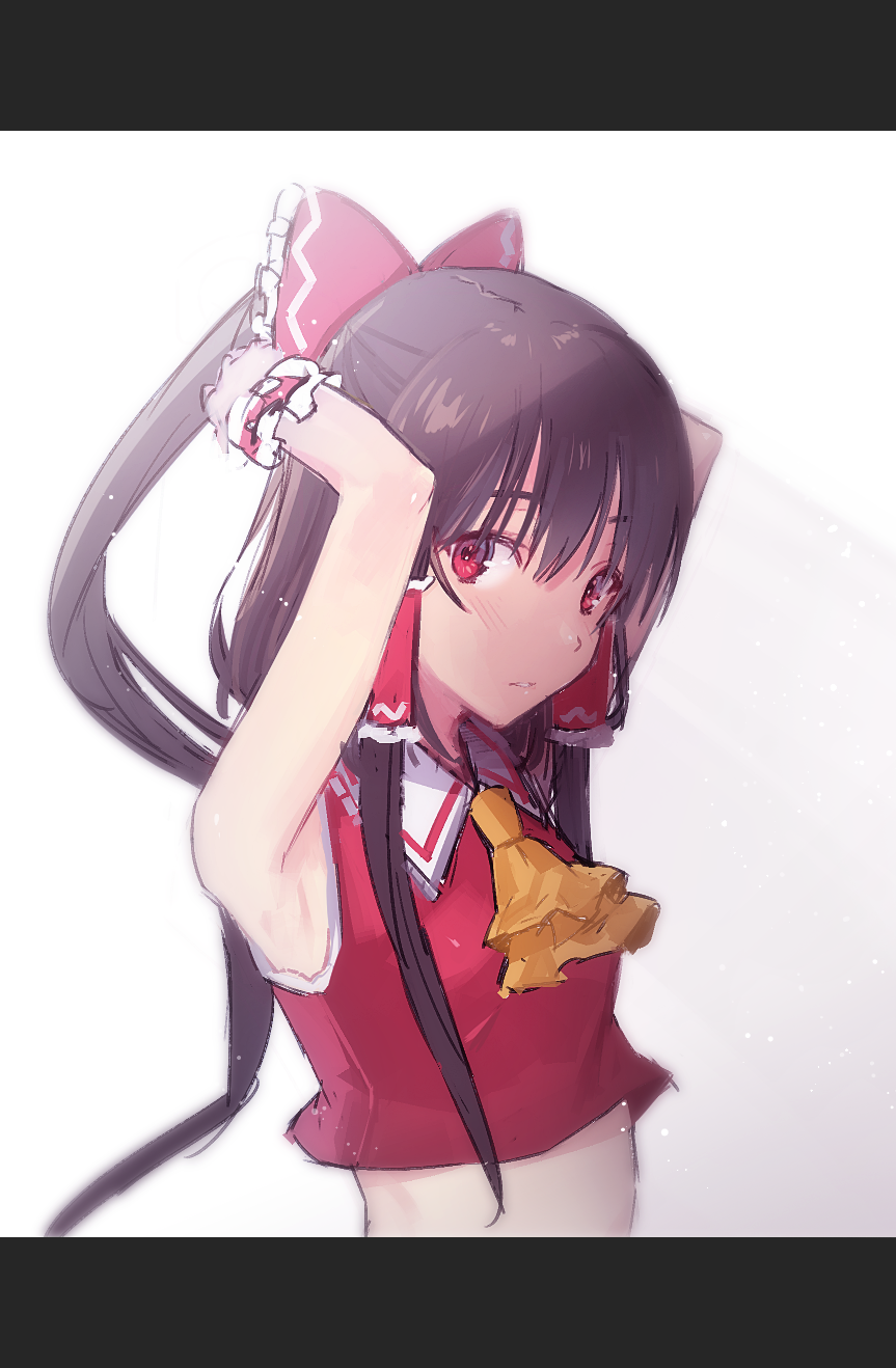 1girl adjusting_hair armpits arms_up ascot black_hair bow collar frilled_bow frilled_collar frills hair_bow hair_tubes hakurei_reimu half_updo highres letterboxed long_hair looking_at_viewer midriff parted_lips red_bow red_eyes red_shirt shirt sidelocks sleeveless solo touhou upper_body waya_(bombe) wrist_cuffs yellow_ascot