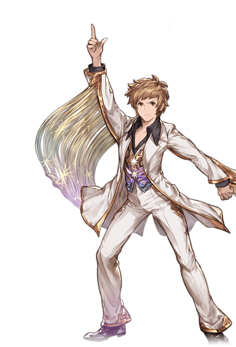 1boy alpha_transparency brown_eyes brown_hair formal fringe full_body gran_(granblue_fantasy) granblue_fantasy looking_at_viewer minaba_hideo pointing pointing_up pose saturday_night_fever short_hair solo suit superstar_(granblue_fantasy) transparent_background white_suit