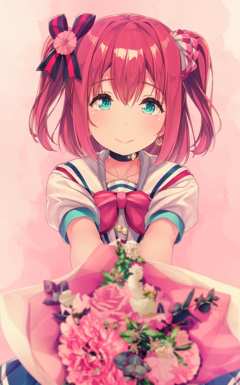 1girl aqua_eyes bangs blurry bouquet bow bowtie choker closed_mouth collarbone commentary_request depth_of_field earrings eyebrows_visible_through_hair flower hair_bow hair_flower hair_ornament head_tilt highres jewelry kurosawa_ruby looking_at_viewer love_live! love_live!_sunshine!! outstretched_arms pink_background redhead sailor_collar short_sleeves siva_(executor) smile solo two_side_up