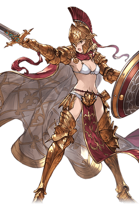 1girl alpha_transparency armor bikini_top boots djeeta_(granblue_fantasy) gauntlets granblue_fantasy helmet holding holding_sword holding_weapon minaba_hideo official_art open_mouth pelvic_curtain pointing shield simple_background solo sparta_(granblue_fantasy) sword thigh-highs thigh_boots transparent_background weapon wide_stance