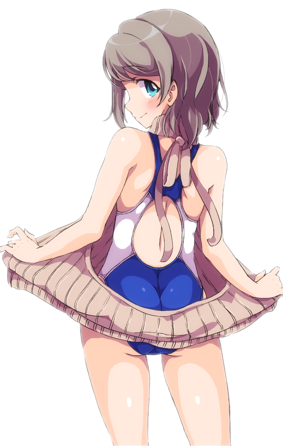 1girl ass back blue_eyes blush breasts brown_hair competition_swimsuit highres looking_at_viewer looking_back love_live! love_live!_sunshine!! meme_attire one-piece_swimsuit sen_(sen0910) short_hair smile solo sweater swimsuit virgin_killer_sweater watanabe_you