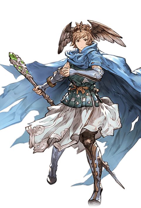 1boy alpha_transparency blue_gloves boots breastplate brown_eyes brown_hair cape fingerless_gloves full_body gloves gran_(granblue_fantasy) granblue_fantasy head_wings male_focus minaba_hideo official_art serious short_hair staff standing transparent_background wiseman_(granblue_fantasy)