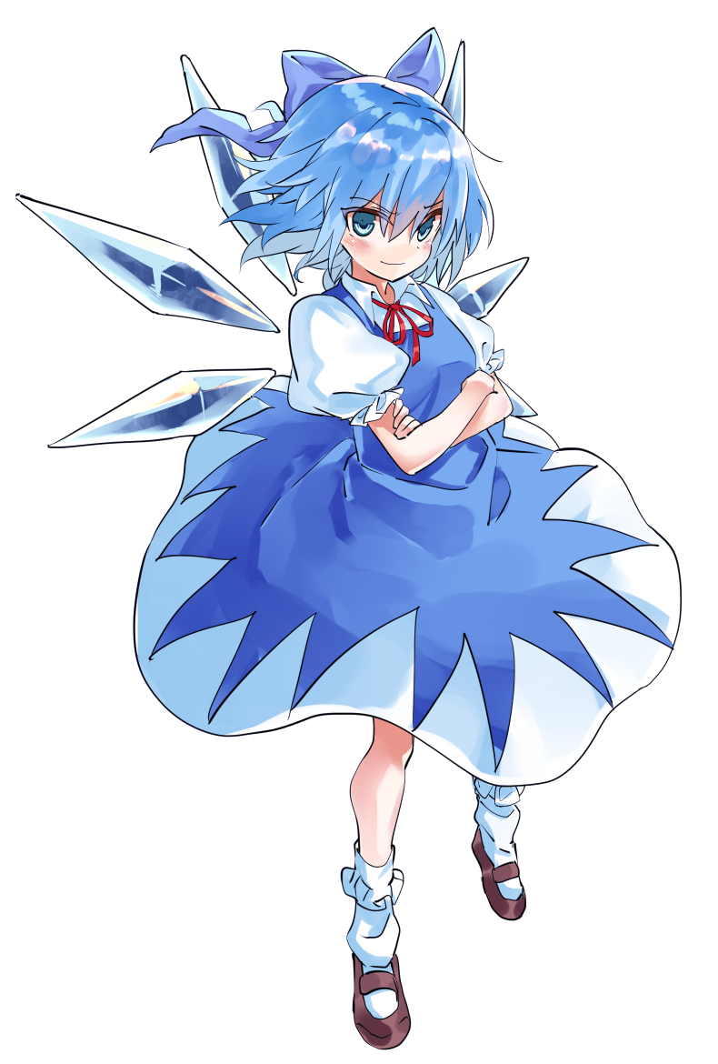 &gt;:) 1girl aqua_eyes blue blue_bow blue_dress blue_eyes blue_hair bow brown_shoes cirno commentary_request crossed_arms dress frilled_legwear full_body hair_bow ice ice_wings looking_at_viewer manarou mary_janes neck_ribbon puffy_short_sleeves puffy_sleeves red_ribbon ribbon shoes short_hair short_sleeves simple_background socks solo touhou white_background white_legwear wings