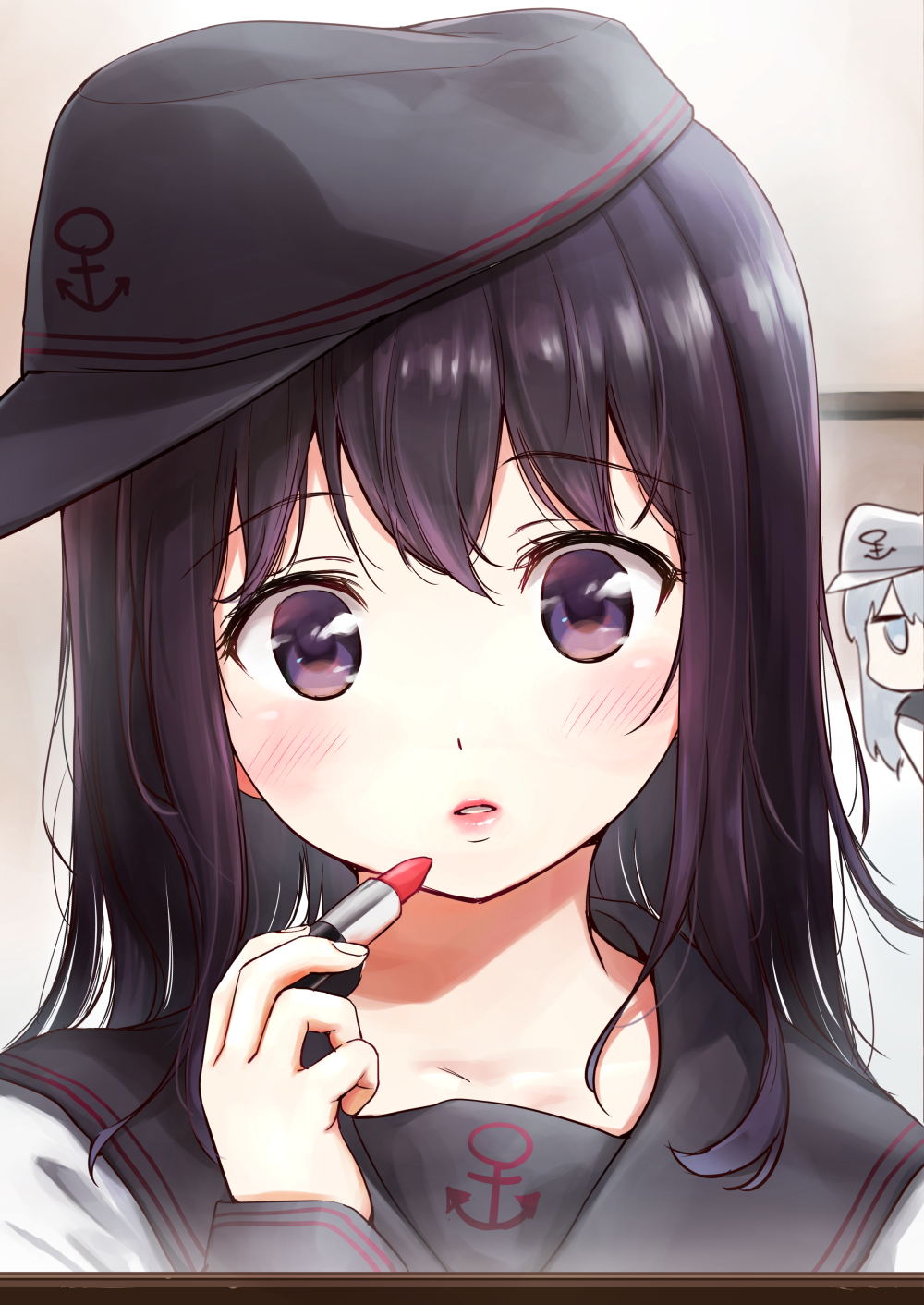 2girls akatsuki_(kantai_collection) anchor_symbol blue_eyes blush commentary_request flat_cap hair_between_eyes hat hibiki_(kantai_collection) highres jitome kantai_collection lips lipstick lipstick_tube long_hair looking_at_another looking_at_viewer makeup md5_mismatch mirror multiple_girls parted_lips peeping purple_hair reflection remodel_(kantai_collection) school_uniform serafuku silver_hair umakuchi_shouyu_(into-rain) upper_body violet_eyes