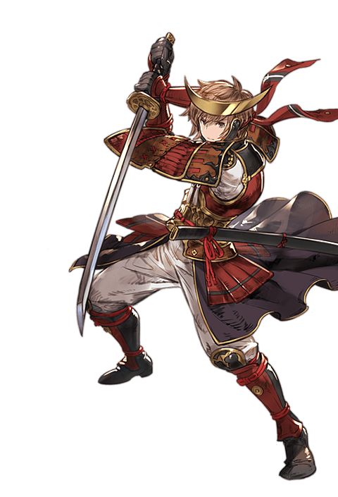 1boy alpha_transparency armor brown_eyes brown_hair fighting_stance full_body gran_(granblue_fantasy) granblue_fantasy japanese_armor kote kusazuri looking_at_viewer male_focus minaba_hideo official_art samurai_(granblue_fantasy) scabbard sheath short_hair sode solo suneate sword transparent_background weapon