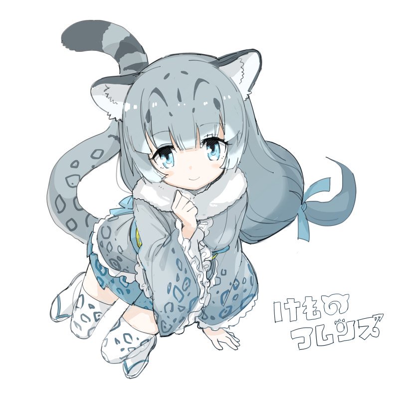 1girl animal_ears animal_print artist_request bangs blue_eyes blue_ribbon blue_skirt blunt_bangs blush blush_stickers cat_ears cat_tail clenched_hand collar commentary_request copyright_name eyebrows_visible_through_hair eyelashes frilled_shirt frilled_sleeves frills from_above fur_collar grey_hair hair_ornament hair_ribbon invisible_chair kemono_friends leopard_ears leopard_print leopard_tail long_hair long_sleeves looking_at_viewer looking_away low-tied_long_hair multicolored_hair official_art pleated_skirt ribbon sandals shirt sidelocks simple_background sitting skirt smile snow_leopard_(kemono_friends) socks solo tail tareme thigh-highs white_background white_hair wide_sleeves zettai_ryouiki