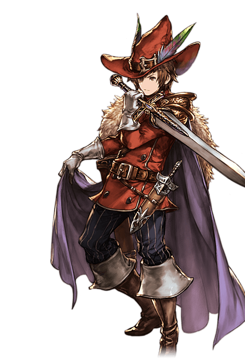 1boy alpha_transparency arcane_sword_(granblue_fantasy) boots brown_eyes brown_hair cape cape_lift coat contrapposto full_body gloves gran_(granblue_fantasy) granblue_fantasy hat hat_feather leather leather_boots male_focus minaba_hideo official_art short_hair solo sword transparent_background weapon white_gloves