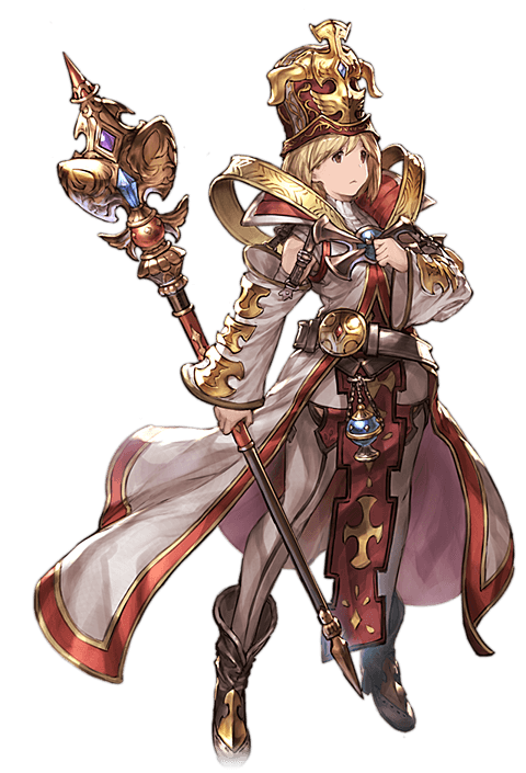1girl alpha_transparency bishop_(granblue_fantasy) blonde_hair bob_cut boots brown_eyes coat djeeta_(granblue_fantasy) full_body granblue_fantasy hand_on_own_chest minaba_hideo mitre open_mouth pantyhose scepter solo tabard transparent_background white_legwear