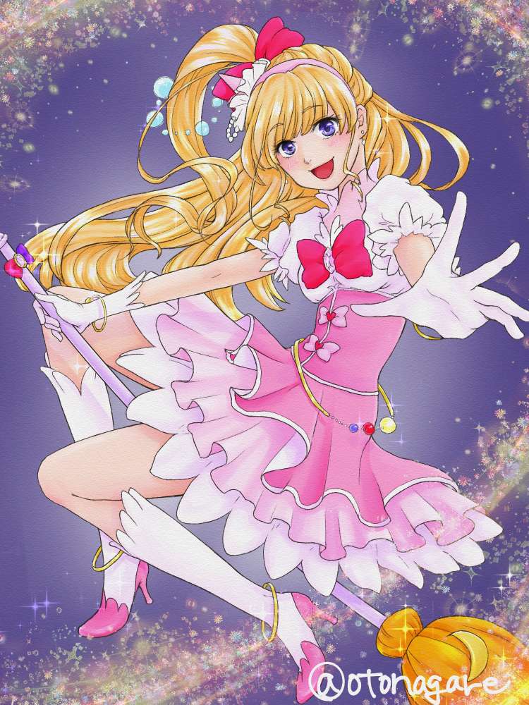 1girl :d blonde_hair blue_eyes blush bow bracelet broom broom_riding crescent_moon cure_miracle dress earrings foreshortening full_body gloves hair_bow high_heels jewelry layered_dress long_hair looking_at_viewer magical_girl mahou_girls_precure! moon open_mouth otanagare pink_dress precure smile solo twitter_username violet_eyes white_gloves white_legwear