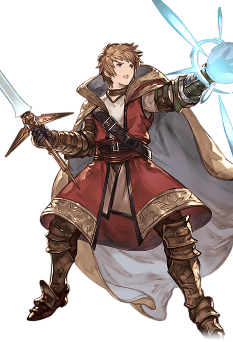 1boy alpha_transparency armor armored_boots belt boots brown_eyes brown_hair cape choker full_body glowing gran_(granblue_fantasy) granblue_fantasy looking_afar male_focus minaba_hideo official_art open_mouth outstretched_arm short_hair solo sword sword_master_(granblue_fantasy) transparent_background weapon wide_stance