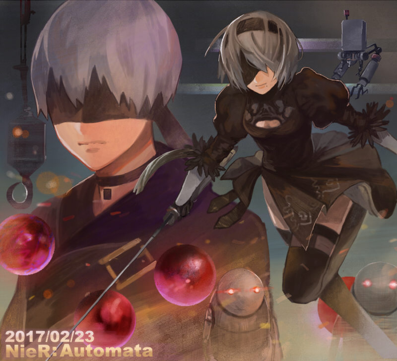 1boy 1girl 2017 android blindfold breasts choker cleavage cleavage_cutout copyright_name dated dress gloves glowing glowing_eyes juliet_sleeves kuku_(pixiv16329610) long_sleeves nier_(series) nier_automata pale_skin patterned_clothing pod_(nier_automata) puffy_sleeves red_eyes robot ruins running short_hair sword text weapon white_hair yorha_no._2_type_b yorha_no._9_type_s