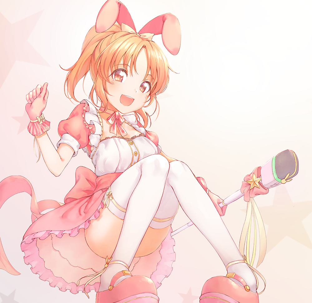 1girl :d abe_nana animal_ears ankle_ribbon bangs blush bow breasts brown_eyes brown_hair buttons choker dress eyebrows_visible_through_hair fake_animal_ears frilled_skirt frills gloves hair_bow hand_up idolmaster idolmaster_cinderella_girls looking_at_viewer mary_janes microphone microphone_stand open_mouth pink_dress pink_gloves pink_ribbon pink_shoes ponytail puffy_short_sleeves puffy_sleeves rabbit_ears ribbon ribbon_choker round_teeth shoes short_dress short_hair short_sleeves shuttle_(ksb0123) skirt smile solo teeth thigh-highs thigh_ribbon underbust white_legwear wrist_bow wrist_cuffs wrist_ribbon yellow_bow yellow_ribbon