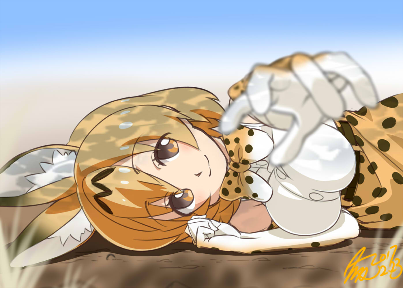 1girl animal_ears bare_shoulders blonde_hair blue_sky blurry bow bowtie breasts cat_ears commentary_request depth_of_field elbow_gloves foreshortening gloves grass kemono_friends looking_at_viewer lying medium_breasts on_ground on_side outdoors outstretched_arm serval_(kemono_friends) serval_ears serval_print serval_tail short_hair signature skirt sky sleeveless smile solo tail takeya_yuuki upper_body yellow_eyes