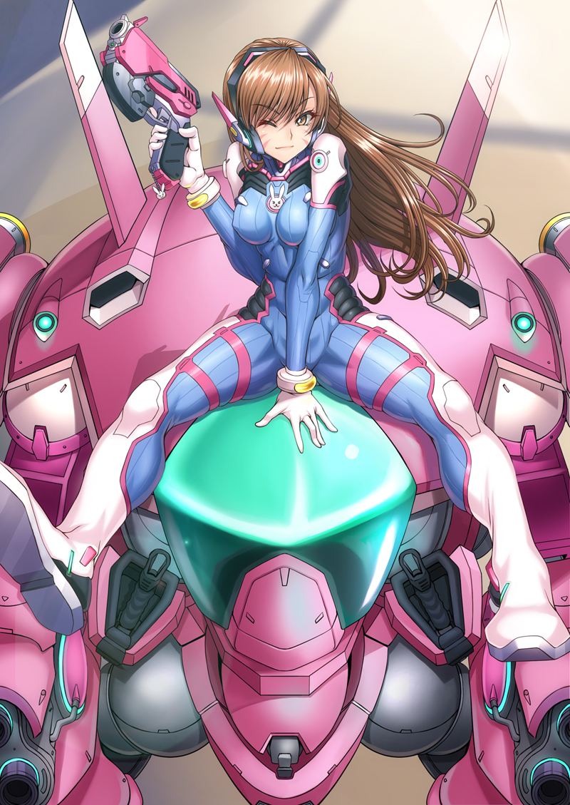 1girl ;) acronym animal_print arm_cannon bangs between_legs blue_bodysuit blush bodysuit boots bracer breast_press breasts breasts_apart brown_eyes brown_hair bubble_blowing bunny_print character_name charm_(object) chewing_gum closed_mouth covered_navel d.va_(overwatch) erect_nipples eyebrows_visible_through_hair eyelashes facepaint facial_mark finger_on_trigger gatling_gun gloves gun hand_between_legs hand_up hands_up headphones heart knee_pads legs_apart lips long_hair long_sleeves mecha medium_breasts meka_(overwatch) one_eye_closed overwatch pauldrons pilot_suit ribbed_bodysuit shiny shiny_clothes shoulder_pads shunzou sitting skin_tight skindentation smile solo thigh-highs thigh_boots thigh_strap trigger_discipline turtleneck w weapon whisker_markings white_boots white_gloves