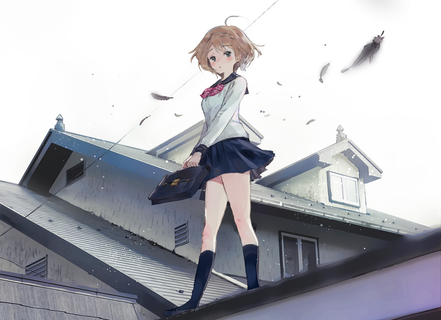 1girl akiru_(igel-flutter) bag bangs blonde_hair blue_eyes blue_skirt blurry blush bob_cut closed_mouth depth_of_field eyebrows_visible_through_hair feathers holding_bag house kneehighs legs_apart looking_at_viewer navy_blue_legwear original pleated_skirt school_bag school_uniform serafuku short_hair skirt solo standing white_sky