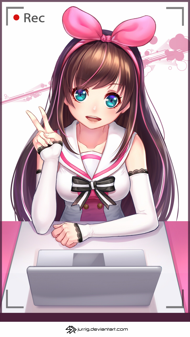 1girl a.i._channel arm_warmers bare_shoulders blue_eyes blush bow breasts brown_hair computer hair_bow hairband highres kizuna_ai laptop long_hair looking_at_viewer pink_bow pink_hairband sailor_collar smile solo un_s v viewfinder virtual_youtuber