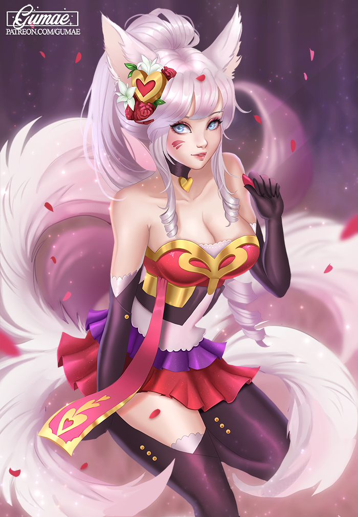 1girl ahri animal_ears artist_name bare_shoulders black_gloves black_legwear blue_eyes collarbone drill_hair elbow_gloves flower fox_ears fox_tail gloves grey_hair hair_flower hair_ornament heart_choker heart_hair_ornament heartseeker_ahri high_ponytail holding league_of_legends leg_up long_hair looking_at_viewer mary_montes multiple_tails parted_lips petals realistic red_skirt skirt solo tail very_long_hair watermark web_address whisker_markings