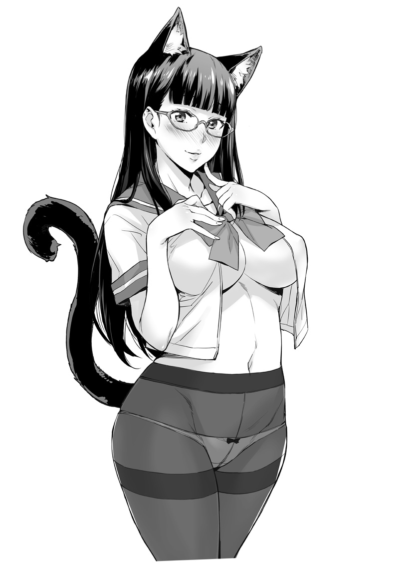 1girl animal_ears blush breasts cat_ears cat_tail cowboy_shot crotch_seam glasses greyscale large_breasts long_hair looking_at_viewer monochrome navel open_clothes original panties panties_under_pantyhose pantyhose school_uniform solo tail takurou thighband_pantyhose under_boob underwear