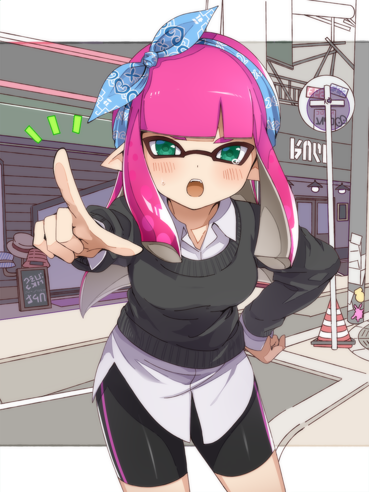 1girl aqua_eyes bangs bike_shorts blunt_bangs blush cardigan collared_shirt commentary fangs hair_ornament hand_on_hip inkling leaning_forward long_hair long_sleeves open_mouth outdoors pink_hair pointing pointing_at_viewer pointy_ears road shirt sidelocks solo splatoon street takeko_spla tears