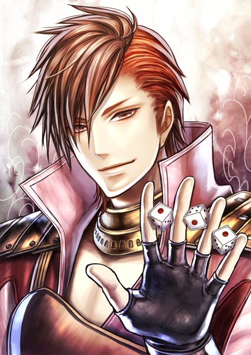 1boy brown_eyes brown_hair dice fingerless_gloves gloves haru_(toyst) jewelry male_focus multicolored_hair necklace portrait redhead sengoku_basara shima_sakon_(sengoku_basara) two-tone_hair