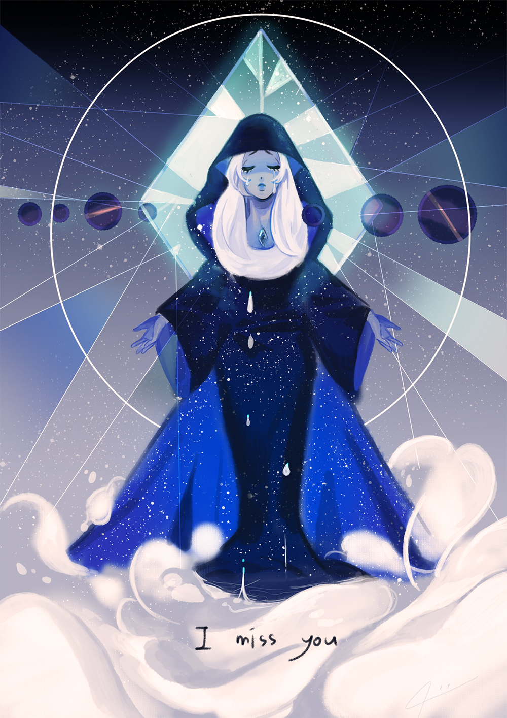 1girl 24b blue_diamond_(steven_universe) blue_skin cloak constellation crying gem highres hood outstretched_arms planet solo space standing star_(sky) steven_universe tears white_hair wide_sleeves