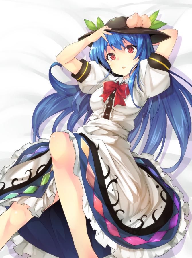 1girl :o adjusting_clothes adjusting_hat arm_behind_head barefoot black_hat blouse blue_hair bow bowtie commentary_request dress food fruit hat hinanawi_tenshi long_hair looking_at_viewer lying on_back on_bed peach puffy_short_sleeves puffy_sleeves rainbow_gradient rainbow_order red_bow red_eyes short_sleeves solo touhou tousen white_blouse white_dress