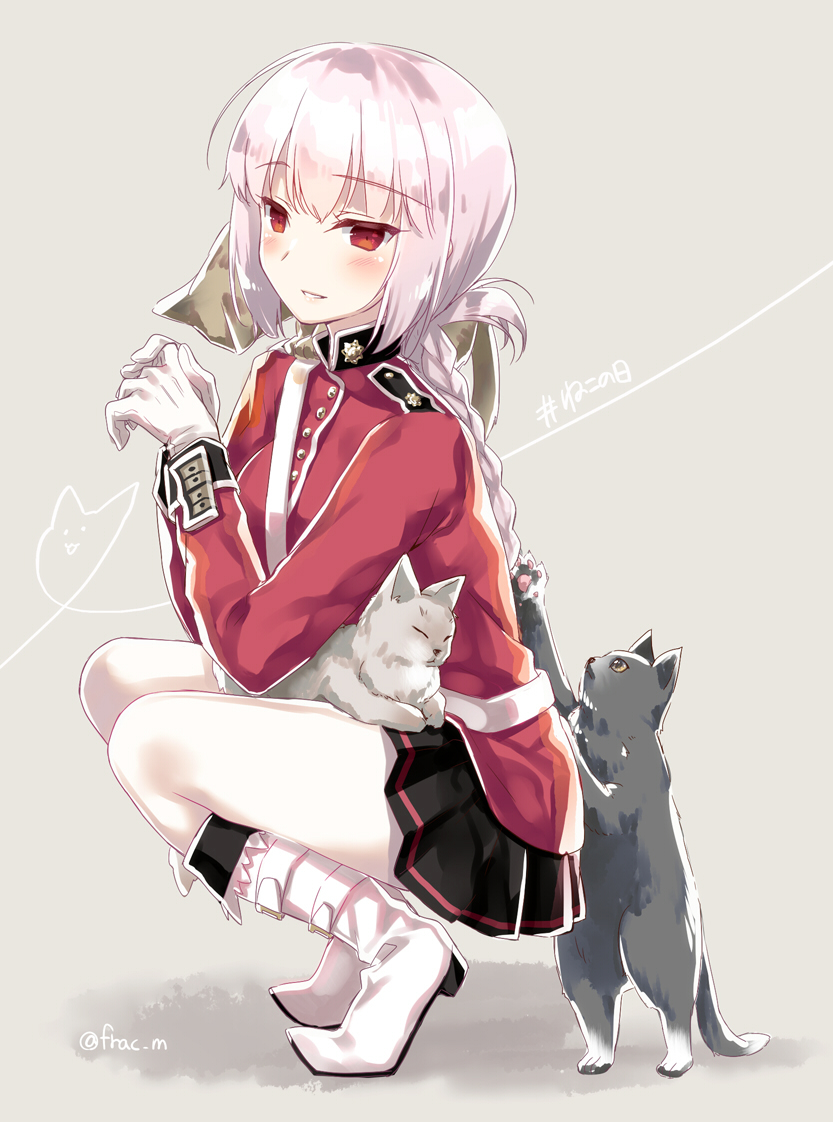 1girl bangs black_cat black_skirt blunt_bangs blush boots braid cat cat_on_lap coat emblem eyebrows_visible_through_hair fate/grand_order fate_(series) florence_nightingale_(fate/grand_order) full_body gloves heart heart_of_string knee_boots long_hair long_sleeves looking_at_viewer military military_uniform motomiya_mitsuki on_lap own_hands_together pantyhose parted_lips pink_hair pleated_skirt red_coat red_eyes shiny shiny_hair single_braid skirt smile solo squatting twitter_username uniform white_boots white_cat white_gloves white_legwear