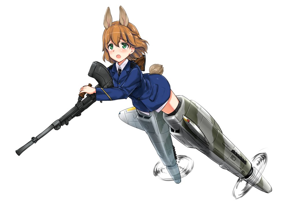 1girl amefre amelie_planchard animal_ears bangs blue_jacket bren_lmg brown_hair bunny_tail dress_shirt flying full_body green_eyes gun holding holding_weapon jacket long_sleeves looking_to_the_side machine_gun military military_uniform necktie no_pants open_mouth rabbit_ears scared shirt short_hair solo strike_witches striker_unit tail tearing_up uniform weapon white_shirt world_witches_series