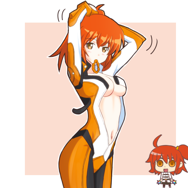 1girl ahoge atair bodysuit chibi dressing fate/grand_order fate_(series) fujimaru_ritsuka_(female) hair_tie mouth_hold navel orange_hair pilot_suit plugsuit riyo_(lyomsnpmp)_(style) short_hair side_ponytail yellow_eyes