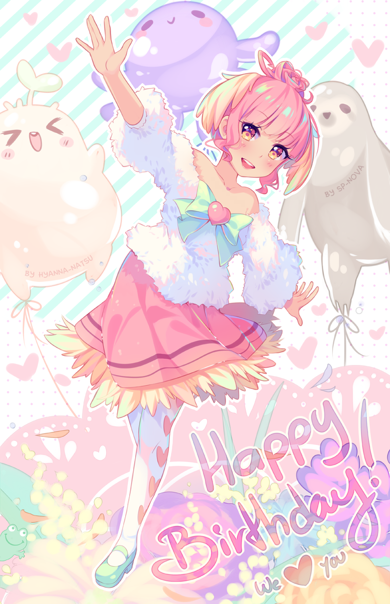 &gt;_&lt; 1girl :d animal_balloon artist_name balloon bangs bare_shoulders blunt_bangs blush bow brown_eyes closed_eyes collaboration collarbone diagonal_stripes english full_body fur_sweater green_bow green_shoes happy_birthday heart heart_print highres hyanna-natsu long_sleeves looking_at_viewer mary_janes off-shoulder_sweater open_mouth original outstretched_arms palms pantyhose pink_hair pink_skirt round_teeth shoes short_hair skirt smile solo sp-nova spread_fingers sweater teeth walking wavy_hair white_legwear white_sweater