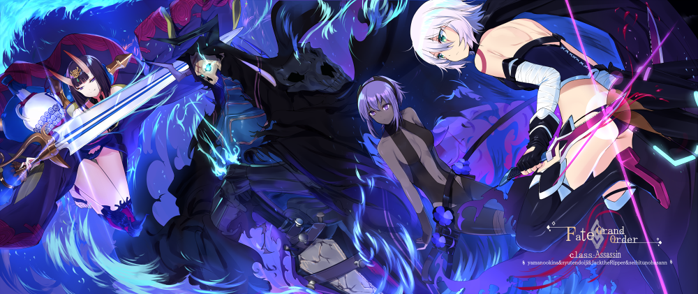 1boy 3girls assassin_(fate/prototype_fragments) assassin_of_black bare_shoulders blue_eyes boots cloak dark_skin fate/apocrypha fate/grand_order fate/prototype fate/prototype:_fragments_of_blue_and_silver fate_(series) fingerless_gloves gloves glowing glowing_eyes horns king_hassan_(fate/grand_order) knife mask multiple_girls navel purple_hair shuten_douji_(fate/grand_order) skull thigh-highs thigh_boots touzai_(poppin_phl95) trait_connection white_hair