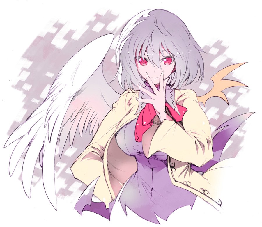 1girl asymmetrical_wings bow bowtie cropped_torso dress feathered_wings hair_between_eyes hand_over_face ichizen_(o_tori) jacket kishin_sagume looking_at_viewer purple_dress red_bow red_bowtie red_eyes short_hair silver_hair smile solo touhou upper_body white_jacket white_wings wide_sleeves wings yellow_wings