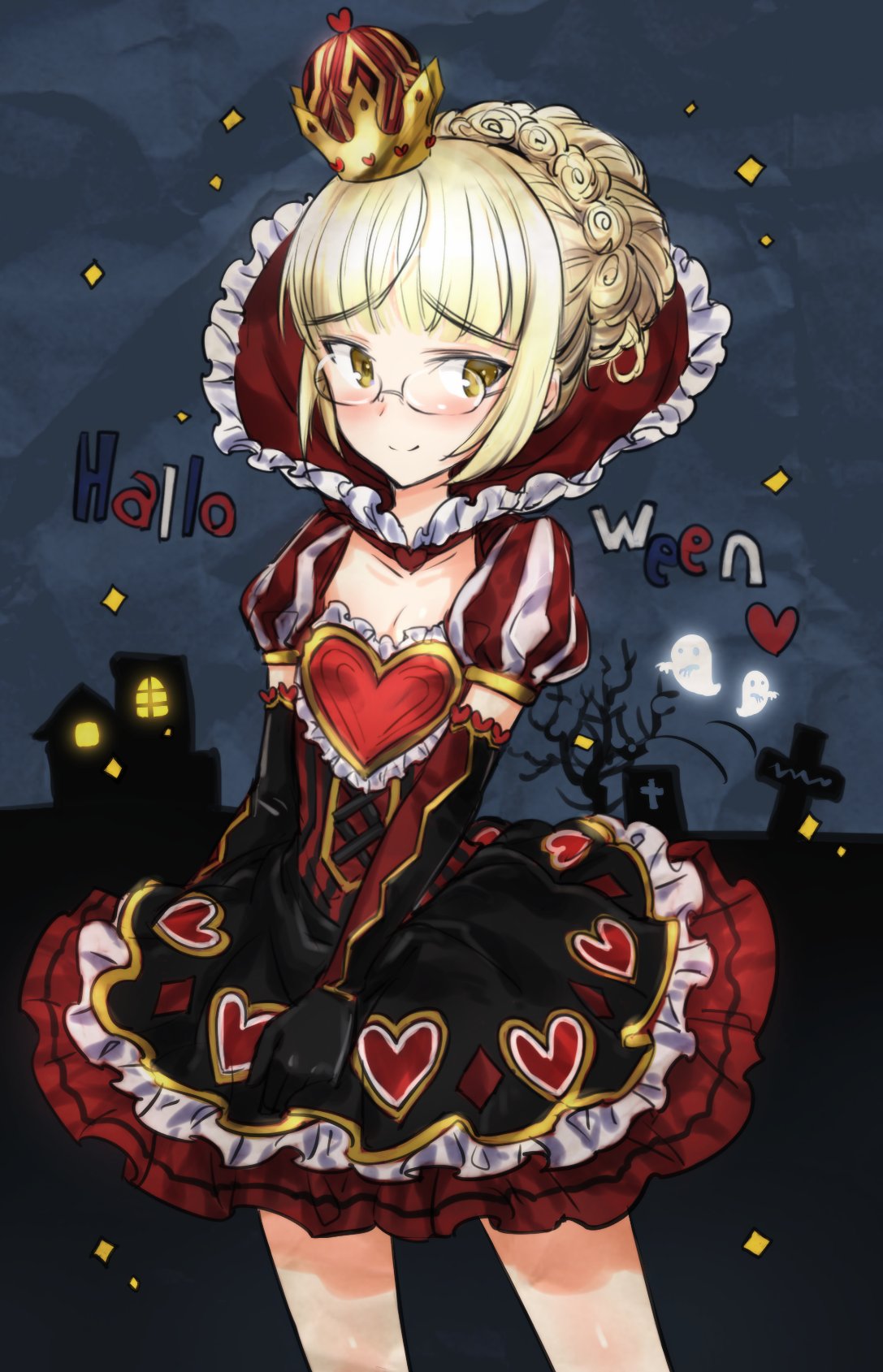 1girl alice_in_wonderland alternate_hairstyle amefre arm_behind_back black_gloves blonde_hair blush braid breasts cleavage cleavage_cutout closed_mouth commentary_request cosplay cowboy_shot crown crown_braid dress elbow_gloves english ghost glasses gloves graveyard hair_up halloween halloween_costume heart highres looking_at_viewer mini_crown night perrine_h_clostermann queen_of_hearts queen_of_hearts_(cosplay) red_dress short_hair small_breasts smile solo standing strike_witches world_witches_series yellow_eyes