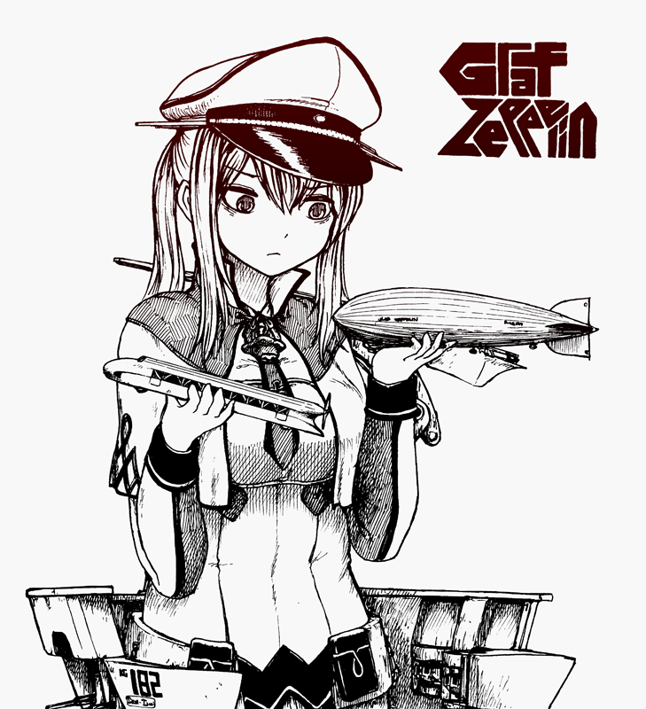 1girl aircraft blimp capelet character_name dirigible gloves graf_zeppelin_(kantai_collection) ground_vehicle hair_between_eyes hat iron_cross kantai_collection machinery military military_hat military_uniform necktie nkmt object_namesake peaked_cap rail_zeppelin sidelocks solo toy train twintails uniform zeppelin