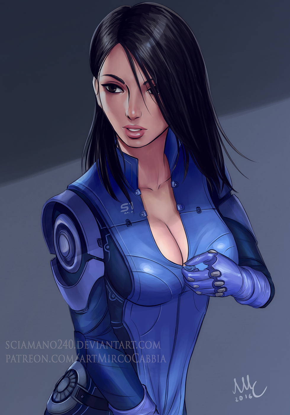 1girl 2016 artist_name ashley_williams black_eyes black_hair bodysuit breasts cleavage hair_over_one_eye highres lips long_hair mass_effect mirco_cabbia nose parted_lips unzipping watermark web_address