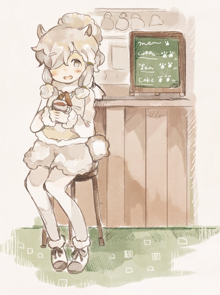 1girl :d alpaca_ears alpaca_suri alpaca_tail alternate_eye_color animal_ears ankle_boots bangs beige_eyes beige_legwear blonde_hair blush boots brown_ribbon carpet chalkboard collar commentary_request cup english eyebrows eyebrows_visible_through_hair full_body fur-trimmed_boots fur-trimmed_sleeves fur_collar fur_trim hair_bun hair_over_one_eye hair_ribbon holding holding_cup indoors kemono_friends knees_together_feet_apart long_sleeves looking_at_viewer neck_ribbon nose_blush onigiri_(ginseitou) open_mouth pantyhose pocket red_ribbon ribbon shoe_ribbon short_hair sitting smile solo stool swept_bangs tail tareme teacup thick_eyebrows tress_ribbon