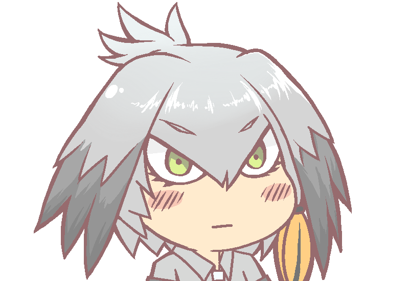 &gt;:| 1girl :| bangs blush_stickers closed_mouth collar collared_shirt expressionless eyebrows eyebrows_visible_through_hair eyelashes feathered_wings feathers flat_color green_eyes grey_hair grey_shirt gyate_gyate hair_between_eyes head_wings ikiyouz kemono_friends long_hair looking_at_viewer low_ponytail meme multicolored_hair necktie orange_hair pocket sanpaku shirt shoebill_(kemono_friends) short_sleeves side_ponytail solo transparent_background tsurime two-tone_hair upper_body white_necktie wings