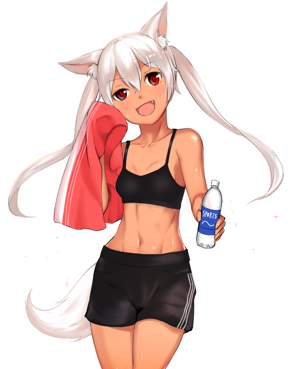 1girl :d abs animal_ears bottle collarbone dark_skin eyebrows_visible_through_hair fang fox_ears fox_tail hair_between_eyes highres long_hair looking_at_viewer mathew_(srmmk_mce) navel open_mouth original red_eyes shorts smile solo sports_bra sweat tail towel twintails water water_bottle white_hair wiping_sweat