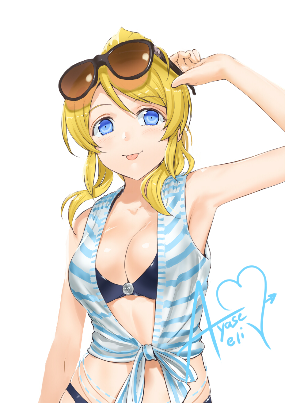 :p arm_at_side armpits ayase_eli bikini blonde_hair blue_eyes breasts character_name cleavage cowboy_shot highres jyon love_live! love_live!_school_idol_project medium_breasts shirt skindentation sunglasses sunglasses_on_head swimsuit swimsuit_under_clothes tied_shirt tongue tongue_out white_background
