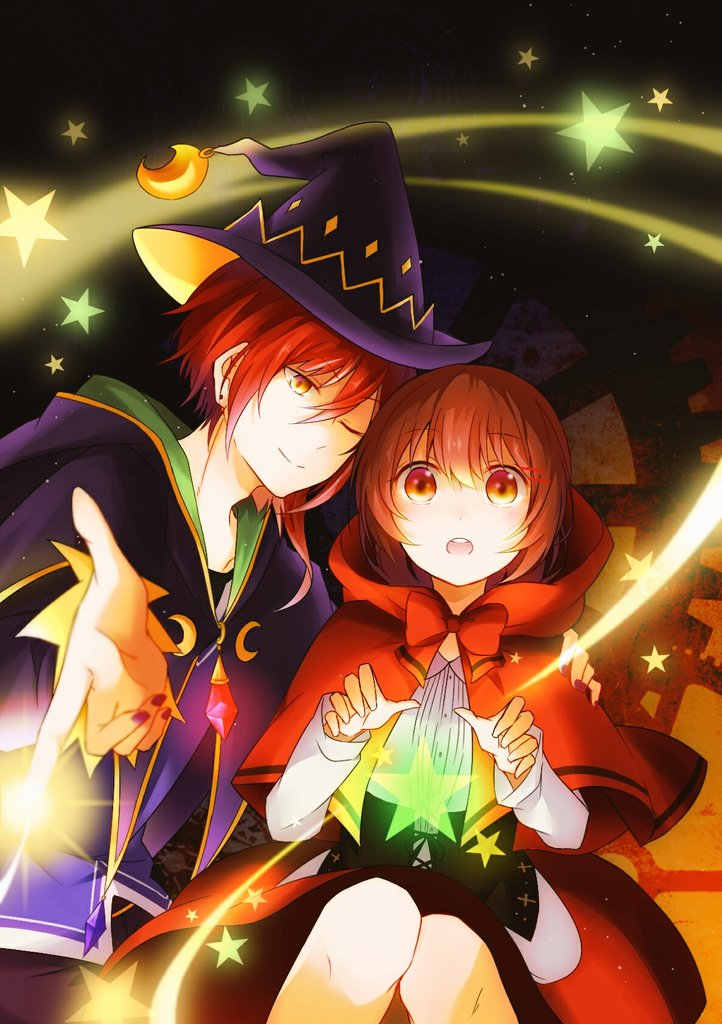 1boy 1girl anzu_(ensemble_stars!) arm_around_shoulder brown_eyes brown_hair cosplay dress earrings ensemble_stars! glowing halloween halloween_costume hood jewelry knees knees_touching little_red_riding_hood little_red_riding_hood_(cosplay) magic nail_polish one_eye_closed open_mouth red_nails sakasaki_natsume sky star star_(sky) starry_sky yellow_eyes