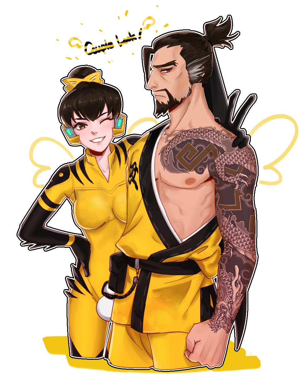 1boy 1girl ;) alternate_color alternate_costume alternate_hairstyle b.va_(overwatch) black_hair bodysuit breasts brown_eyes cropped_legs d.va_(overwatch) ecila facial_hair goatee grey_hair hair_bun hanzo_(overwatch) highres looking_at_viewer medium_breasts one_eye_closed overwatch pilot_suit short_hair single_sleeve smile thick_eyebrows topknot v yellow