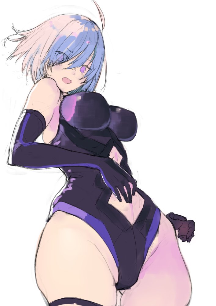 1girl ahoge black_gloves black_legwear breasts covering_navel elbow_gloves eyebrows_visible_through_hair eyes_visible_through_hair fate/grand_order fate_(series) from_below gloves gluteal_fold hair_over_one_eye hareno_chiame impossible_clothes impossible_leotard large_breasts lavender_hair leotard navel_cutout open_mouth shielder_(fate/grand_order) short_hair simple_background sketch solo thigh-highs violet_eyes white_background