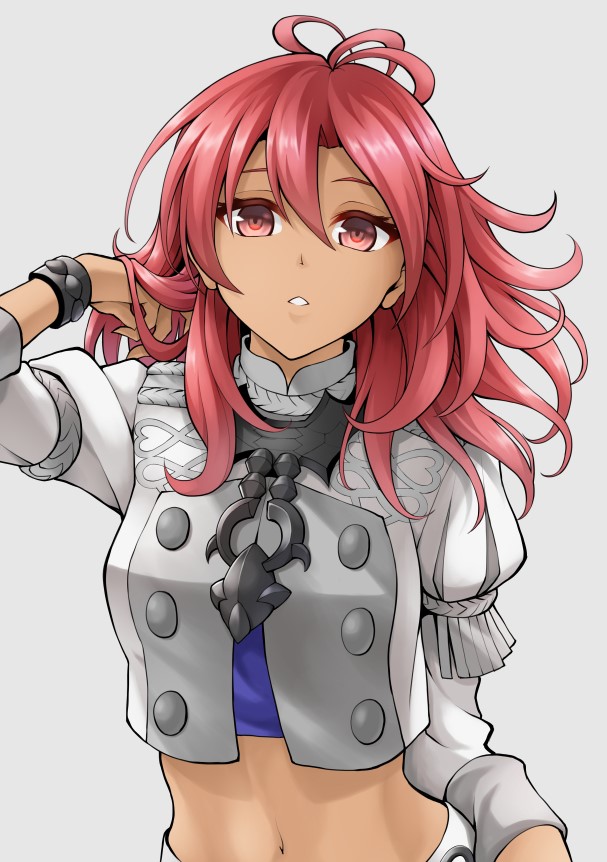 1girl dark_skin fire_emblem fire_emblem:_three_houses garreg_mach_monastery_uniform grey_background hapi_(fire_emblem) midriff navel parted_lips red_eyes redhead simple_background solo tenchan_man uniform upper_body