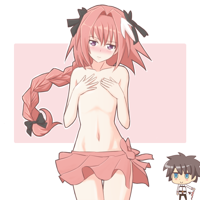 2boys atair blush blush_stickers covering covering_breasts embarrassed fate/apocrypha fate/grand_order fate_(series) fujimaru_ritsuka_(male) hair_ribbon long_hair looking_at_viewer male_focus multiple_boys navel pink_hair pokemon_(creature) ribbon rider_of_black riyo_(lyomsnpmp)_(style) solo topless trap