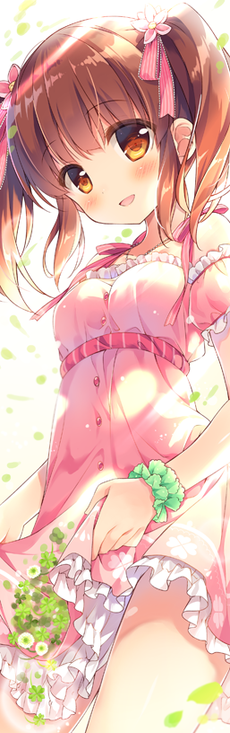 1girl :d armband backlighting bangs bare_shoulders blurry blush brown_eyes brown_hair buttons clover clover_(flower) collarbone cowboy_shot dappled_sunlight day depth_of_field dress eyebrows_visible_through_hair falling_leaves flower four-leaf_clover frilled_dress frills hair_flower hair_ornament hair_ribbon idolmaster idolmaster_cinderella_girls jewelry leaf light_rays long_hair looking_at_viewer necklace ogata_chieri open_mouth pendant pink_dress pink_ribbon print_dress ribbon scrunchie shiny shiny_hair short_twintails sidelocks skirt_hold sleeveless sleeveless_dress smile solo standing suimya sunlight twintails two_side_up wind wrist_cuffs