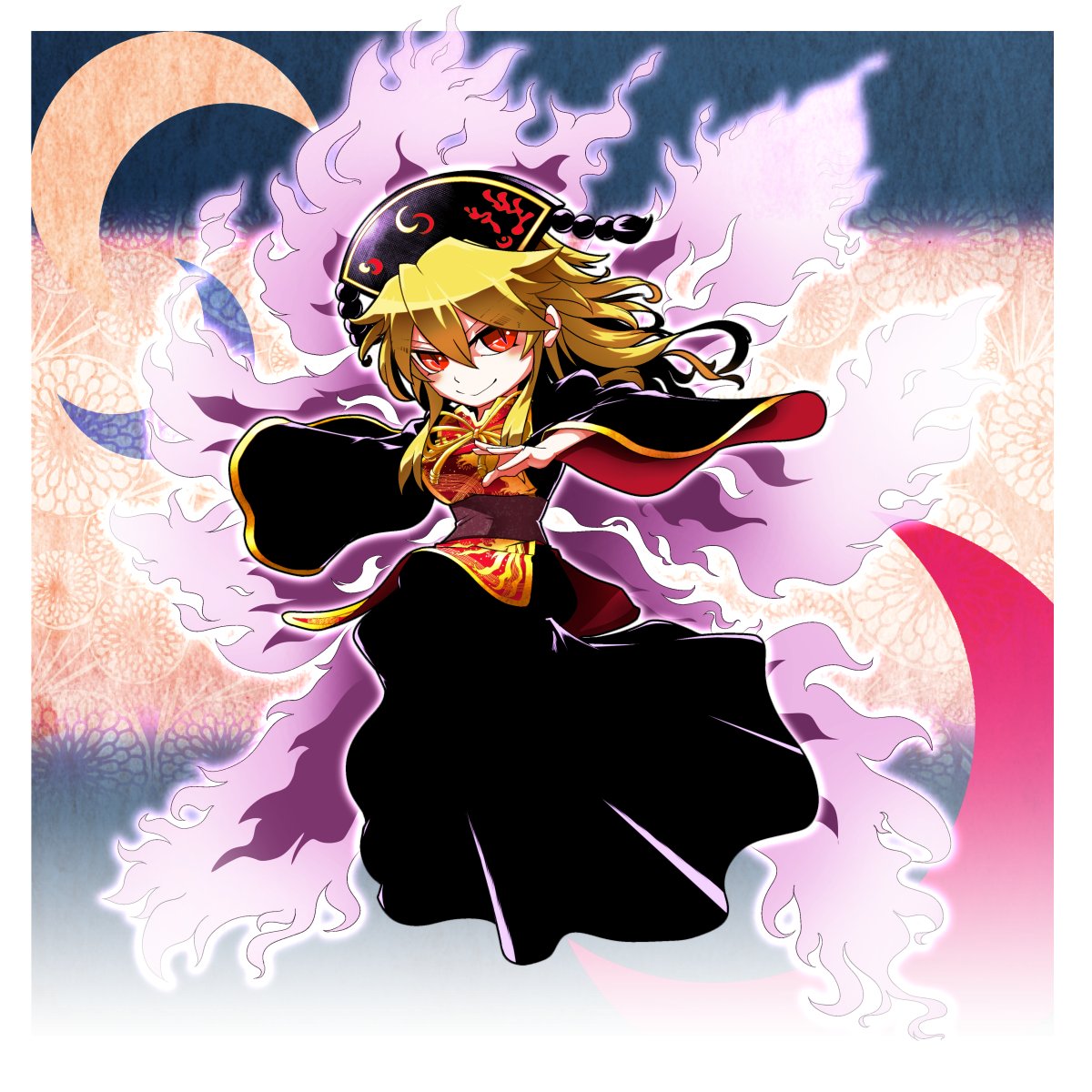 1girl bangs blonde_hair chinese_clothes clothes_writing commentary crescent dress energy evil_smile full_body grin hat headdress highres junko_(touhou) kikoka_(mizuumi) long_hair long_sleeves looking_at_viewer moon multiple_tails polos_crown red_eyes smile solo tabard tail touhou wide_sleeves