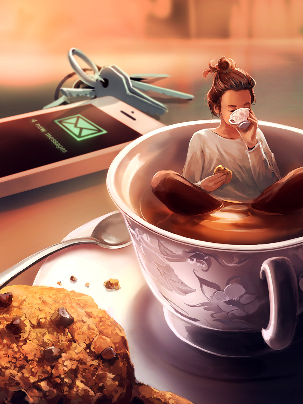 1girl biscuit blurry brown_hair brown_pants cellphone closed_eyes cup cyril_rolando depth_of_field drinking food hair_bun hair_slicked_back highres holding holding_cup holding_food in_container in_cup indian_style key long_sleeves minigirl original pants partially_submerged phone saucer shirt short_hair sitting smartphone solo spoon table tea teacup white_shirt